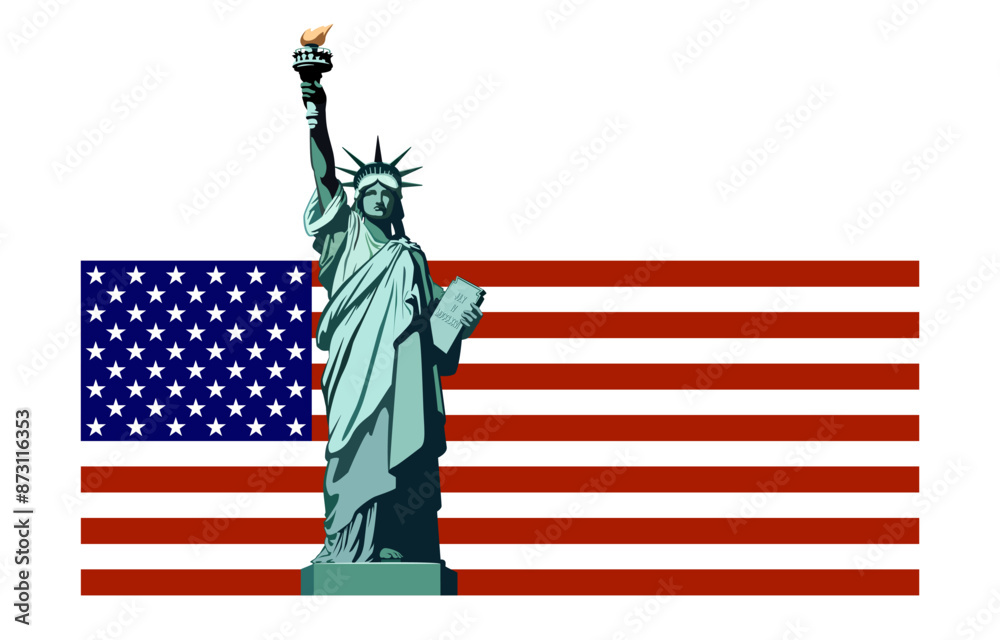 Naklejka premium Statue of Liberty monument, background of the USA flag, poster. 150 years. July 4 is the Independence Day of the USA. Green design. Holiday, welcome to America. New York symbol. Vector illustration 