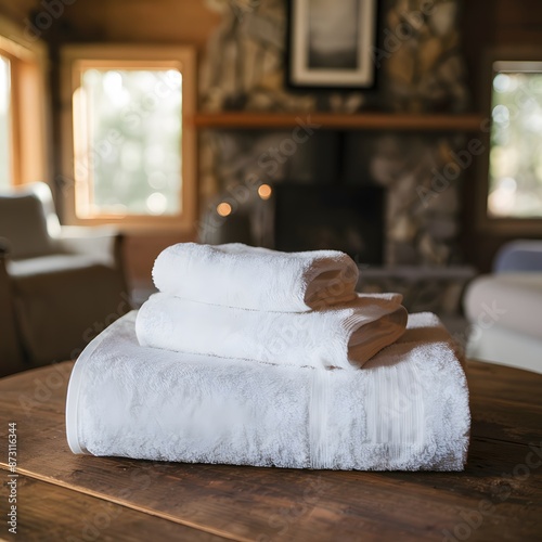 White towels on wooden table, blurred cozy cabin room For Social Media Post Size photo