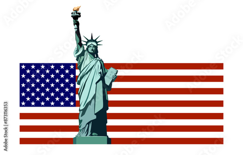 Statue of Liberty monument, background of the USA flag, poster. 150 years. July 4 is the Independence Day of the USA. Green design. Holiday, welcome to America. New York symbol. Vector illustration 