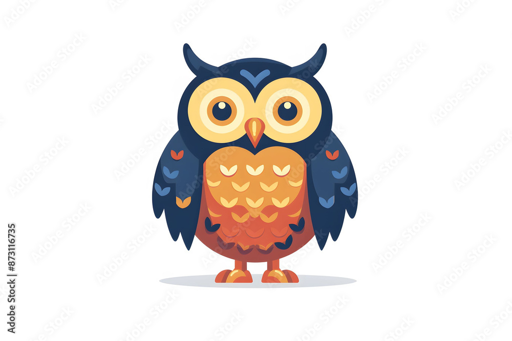 Fototapeta premium Colorful cartoon owl with big eyes, standing on white background. Ideal for children's illustrations and educational materials.