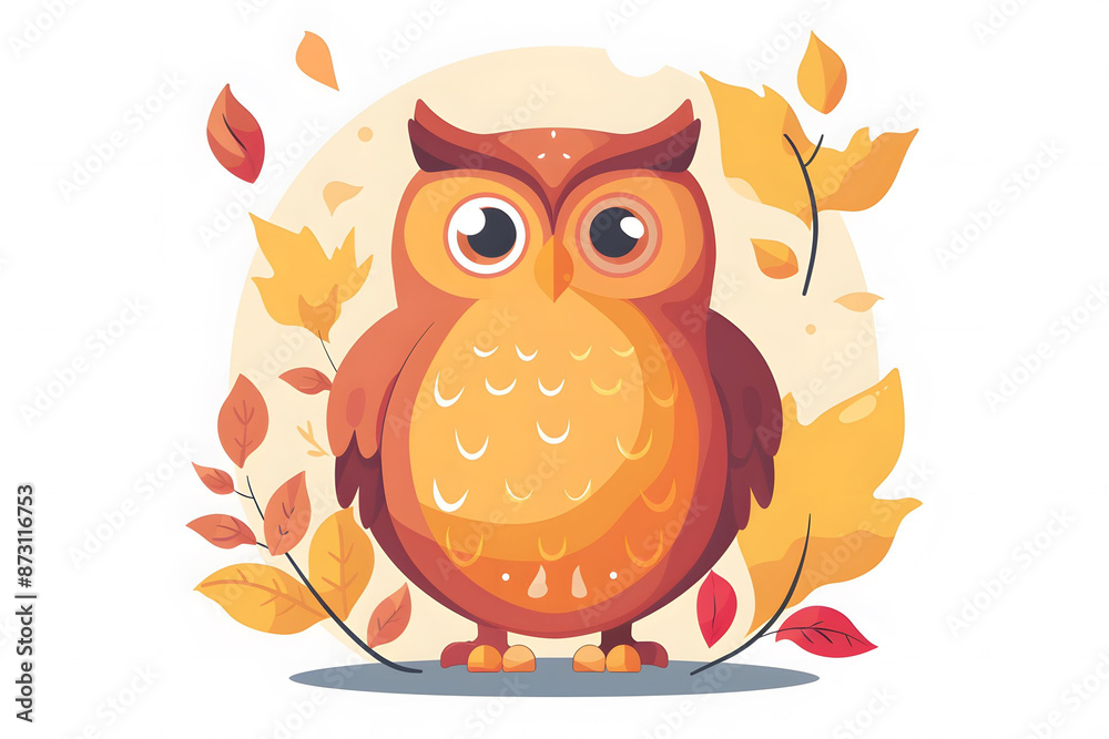 Fototapeta premium Cute, colorful cartoon owl surrounded by autumn leaves. Perfect for fall-themed designs or educational materials.