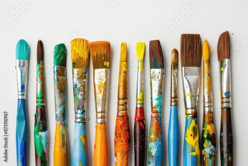 A colorful assortment of paintbrushes covered in vibrant paint, arranged in a row against a white background.