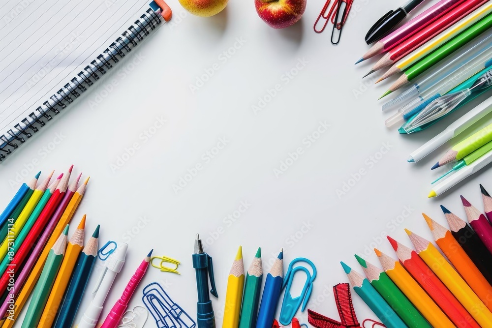Fototapeta premium Colorful stationery and school supplies arranged in a circle, with a blank white space in the center. Perfect for back-to-school themes.