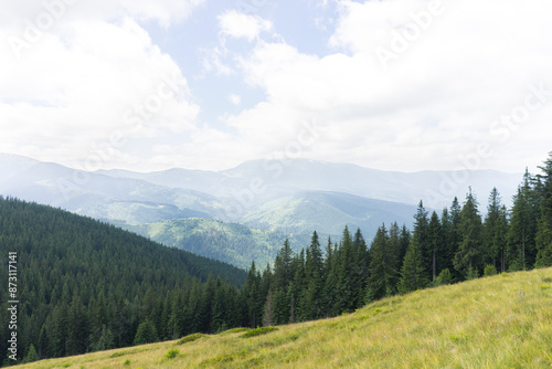 landscape sky forest in the mountains on a sunny summer day mountain silhouettes, fog, wallpaper, poster, cover, nature of the Carpathian mountains, green, natural beauty, vacation, outdoor activities
