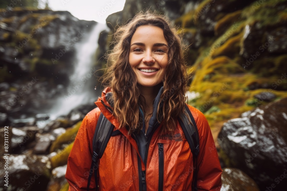 Portrait of a happy woman in her 20s donning a durable down jacket on backdrop of a spectacular waterfall