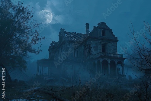 Eerie, abandoned mansion under a full moon surrounded by dense fog and leafless trees, creating a haunted atmosphere.