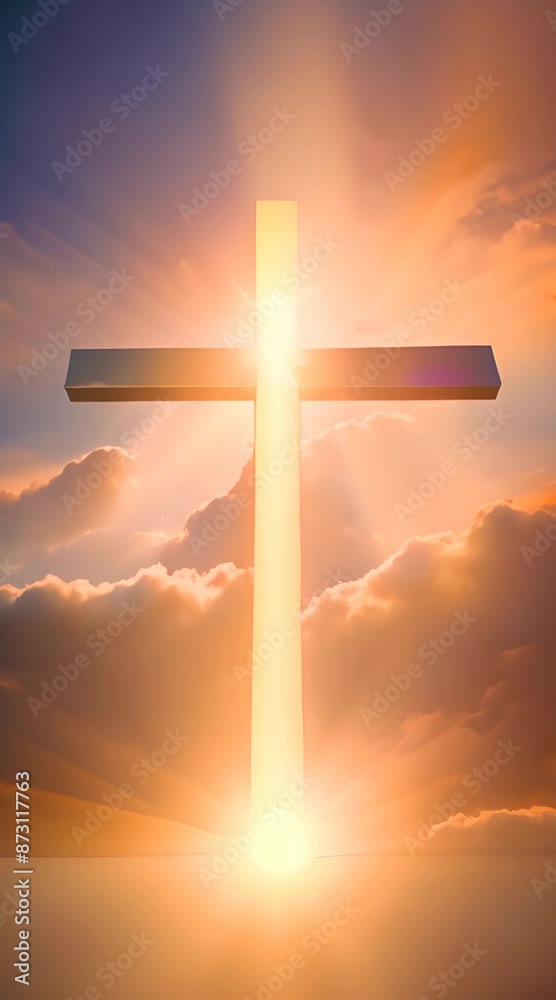 Jesus cross symbol glowing with golden light, floating majestically in an infinite sky background filled with vibrant, swirling colors of sunset and dawn
