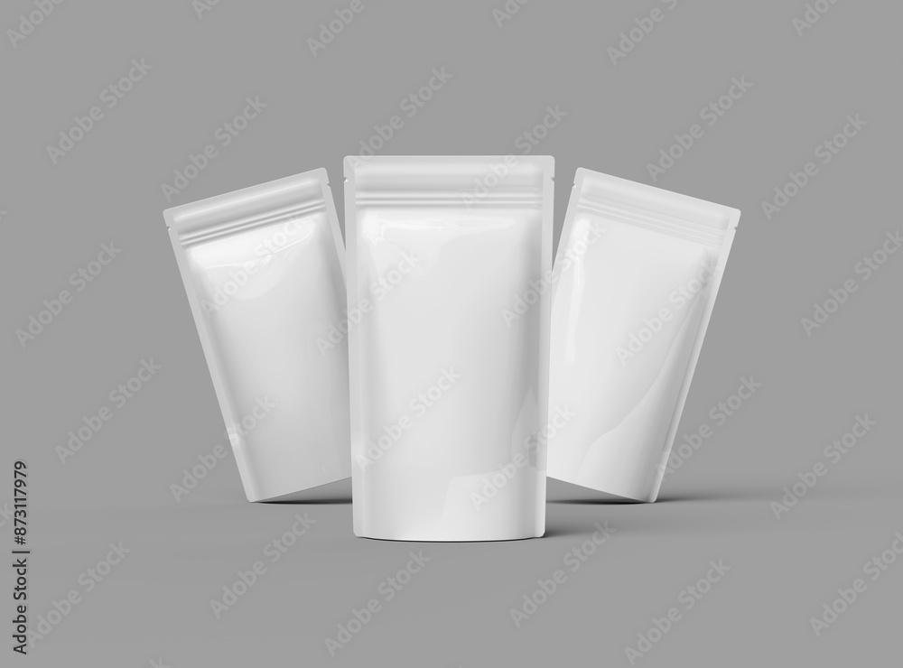 3D render of a glossy generic, narrow doypack packaging with a zipper on a light background 3D render of a glossy generic, narrow doypack packaging with a zipper on a light background