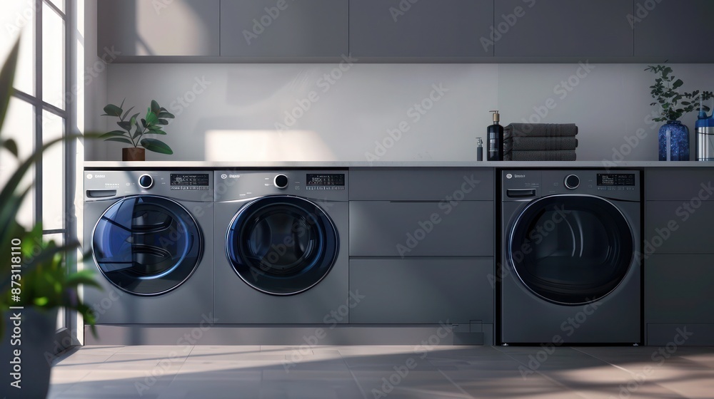 A high-tech laundry room with matte grey cabinetry and integrated appliances that blend seamlessly into the design. The room features advanced, eco-friendly washers and dryers with Wi-Fi A high-tech laundry room with matte grey cabinetry and integrated appliances that blend seamlessly into the design. The room features advanced, eco-friendly washers and dryers with Wi-Fi