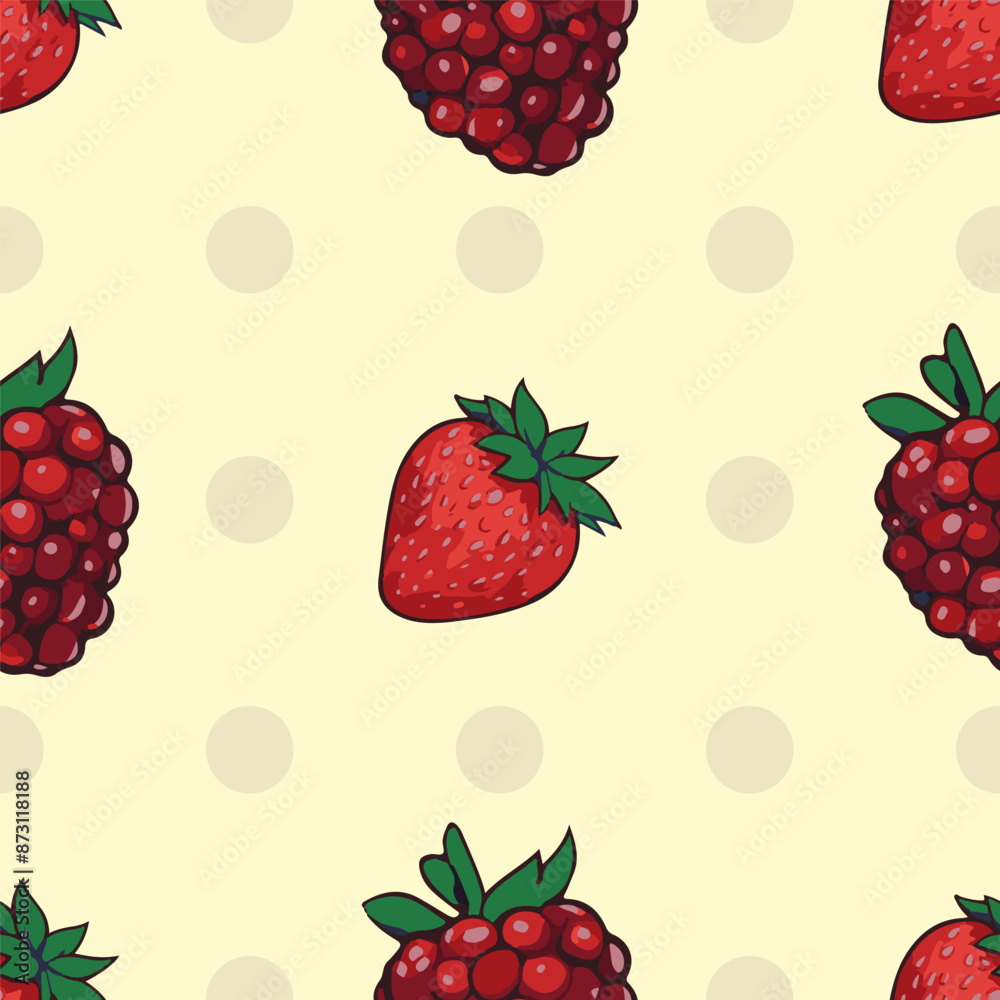 Seamless vector pattern with berries on polka dot background Seamless vector pattern with berries on polka dot background