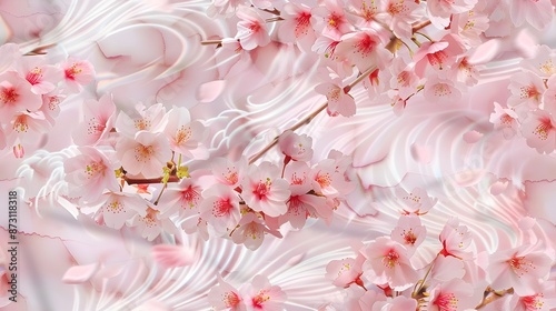 Delicate Cherry Blossom Petals Swirling Amid Traditional Japanese Wave Motifs in Soft Impressionist Ambiance