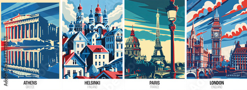 Set of european city posters including athens helsinki paris london