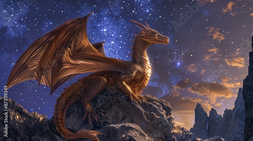 A beautiful brown dragon with metallic coppery iridescent scales, standing majestically on a cliff, two symmetrical wings spread wide, glowing sunset in the background photo