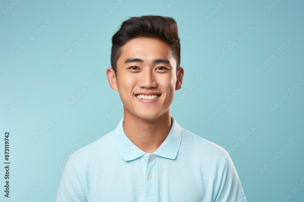 Portrait of a smiling asian man in his 20s wearing a breathable golf polo isolated in pastel blue background Portrait of a smiling asian man in his 20s wearing a breathable golf polo isolated in pastel blue background