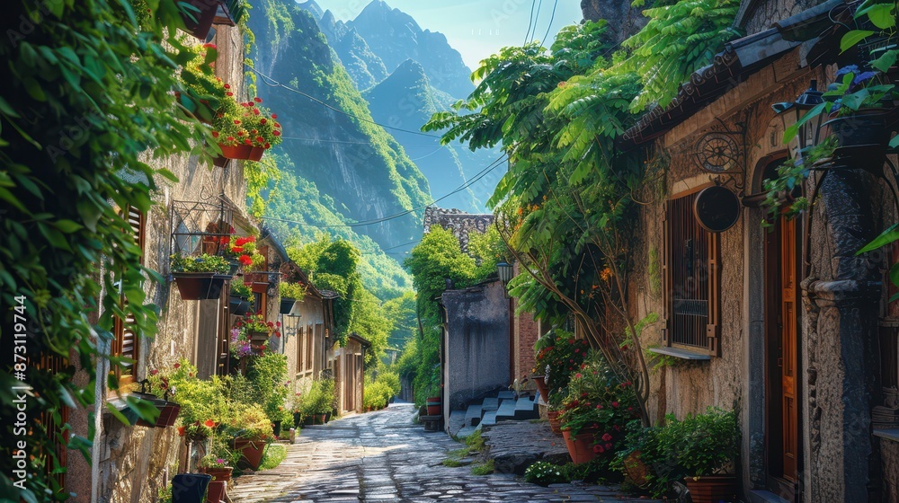 A cinematic shot of an ancient village in the mountains, lush greenery all around, captured from an aerial view