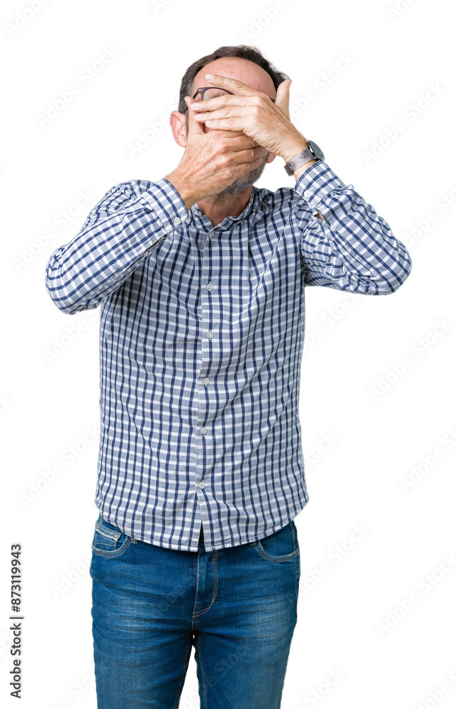 Handsome middle age elegant senior man wearing glasses over isolated background Covering eyes and mouth with hands, surprised and shocked. Hiding emotion Handsome middle age elegant senior man wearing glasses over isolated background Covering eyes and mouth with hands, surprised and shocked. Hiding emotion