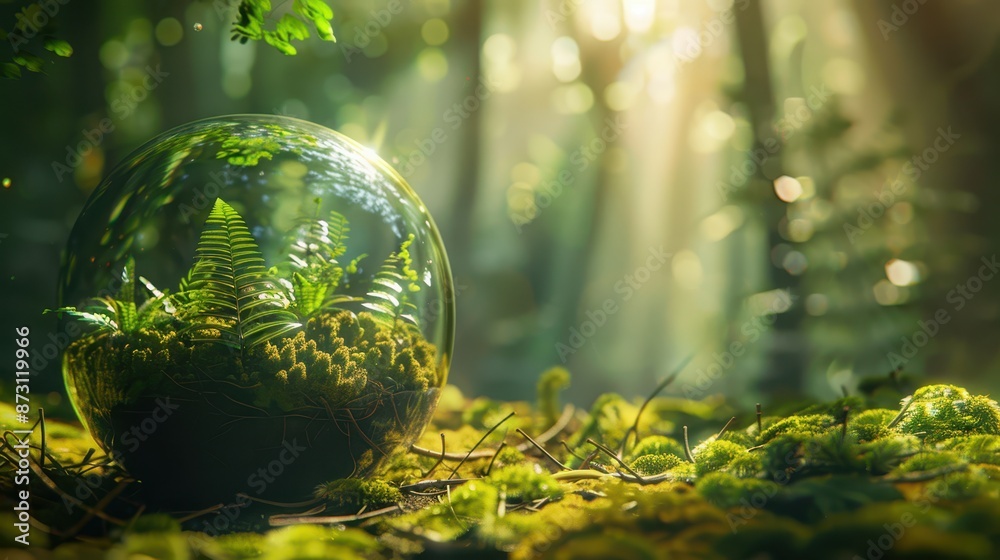 A detailed glass terrarium with moss and ferns inside, nestled in a forest, sunbeams piercing through the canopy, reflections on the glass, forest floor visible