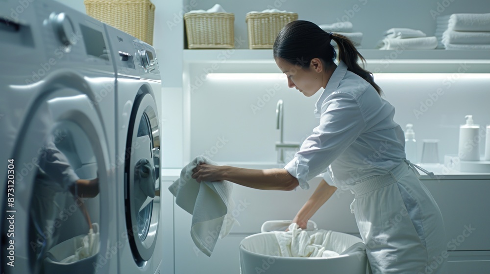 Woman Doing Laundry in a Modern Bathroom Woman Doing Laundry in a Modern Bathroom