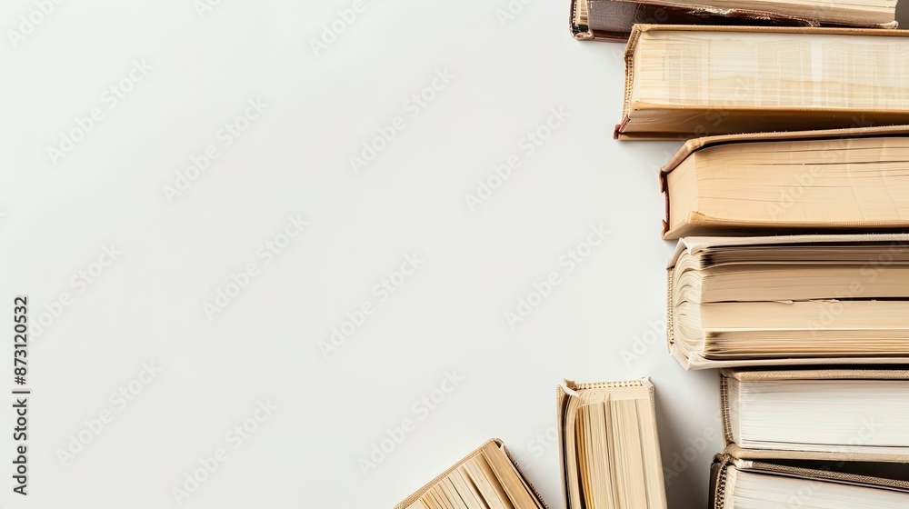 Stack of books with plain covers aligned on the right side of a white background, symbolizing knowledge, learning, and education. Stack of books with plain covers aligned on the right side of a white background, symbolizing knowledge, learning, and education.