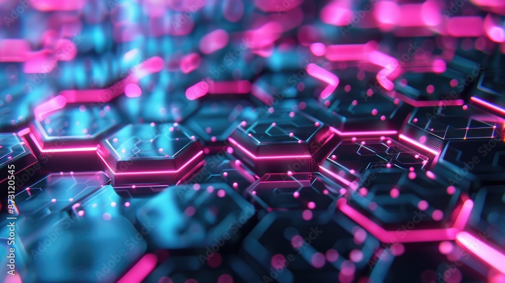 A futuristic abstract background with hexagonal patterns and neon accents.