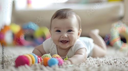 Cheerful Baby Playing with Colorful Toys on Soft Carpet at Home