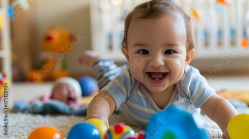 Joyful Toddler Playing with Colorful Toys in Cozy Nursery