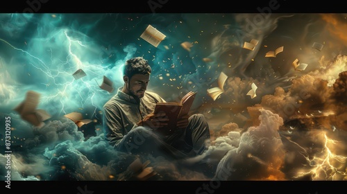 A man sits focused on a book, flying papers creating a chaotic maelstrom around him, surreal atmosphere