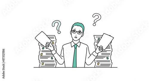 書類の山に囲まれて途方に暮れるビジネスパーソンのイラスト