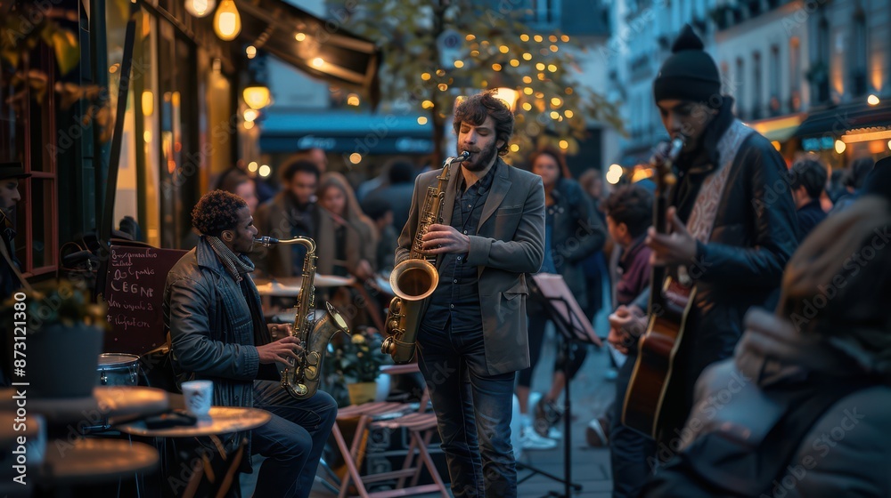 A realistic photograph of 4 musicians playing on a Parisian terrasse, guitarist, violinist, pianist, and drummer, surrounded by people listening and drinking, sunlight casting warm A realistic photograph of 4 musicians playing on a Parisian terrasse, guitarist, violinist, pianist, and drummer, surrounded by people listening and drinking, sunlight casting warm