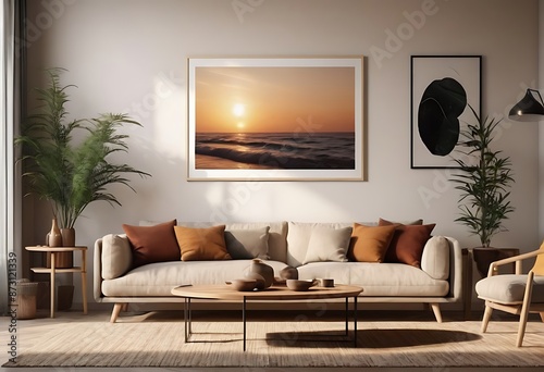 Frame mockup, ISO A paper size. Living room poster mockup. Interior mockup with house white background. Modern interior design. 3D render