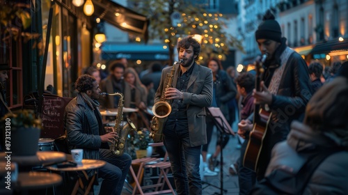 Fototapeta Naklejka Na Ścianę i Meble -  A realistic photograph of 4 musicians playing on a Parisian terrasse, guitarist, violinist, pianist, and drummer, surrounded by people listening and drinking, sunlight casting warm
