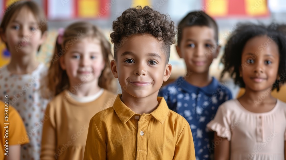 Bright classroom with excited children returning after summer break Bright classroom with excited children returning after summer break