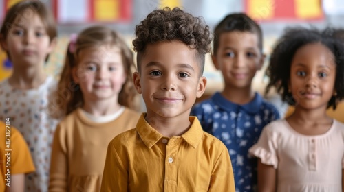 Bright classroom with excited children returning after summer break