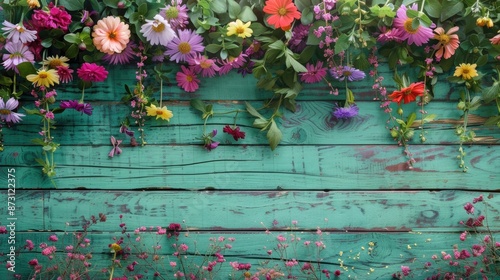 Fototapeta Naklejka Na Ścianę i Meble -  Colorful flowers on green wooden planks