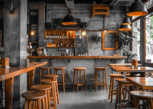 Interior of a vintage pub with wooden tables and chairs. Toned.