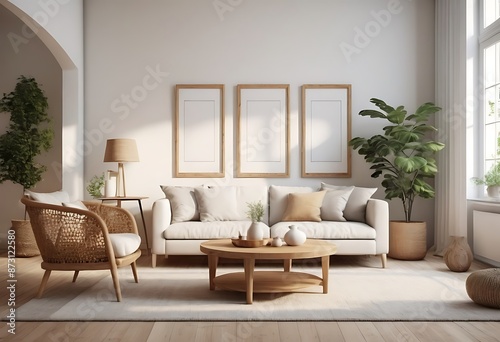 Frame mockup, ISO A paper size. Living room poster mockup. Interior mockup with house white background. Modern interior design. 3D render