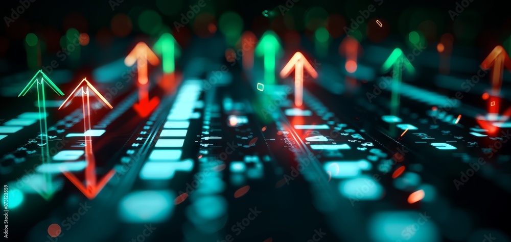 Digital stock market chart with green and red arrows, trading dynamics, concept Digital stock market chart with green and red arrows, trading dynamics, concept