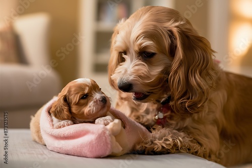 Wallpaper Mural Adult Dog Looking at Tiny Puppy in Blanket Torontodigital.ca
