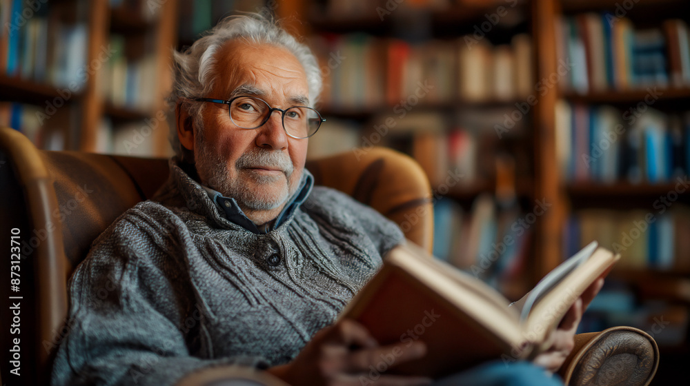 Senior man sitting in arm chair reading a book, retirement and assisted living concept, copy space Senior man sitting in arm chair reading a book, retirement and assisted living concept, copy space