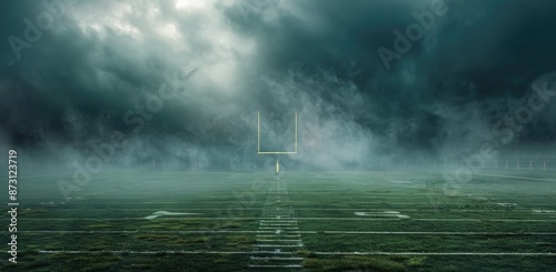 American football field in a dark stormy sky. 3d rendering.