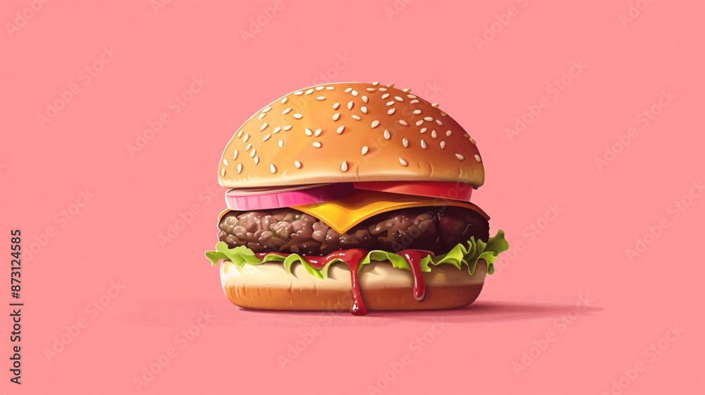 Delicious Cheeseburger with Lettuce, Tomato, and Onion on a Pink Background