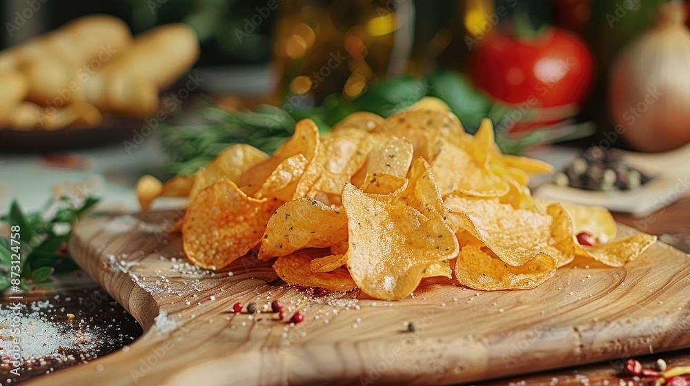 Savory songkok chips on a crispy cutting board Savory songkok chips on a crispy cutting board