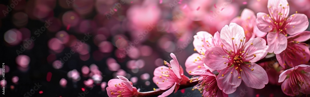Spring Blossom Banner: Pink Cherry Blooms on Black Background for Text Space Spring Blossom Banner: Pink Cherry Blooms on Black Background for Text Space