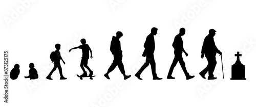 Vector illustration. Silhouette of growing up man from baby to old age. Many people of different ages in a row.	