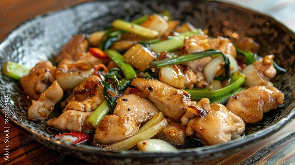 Stir fried Chinese chicken leek and onion dish Stir fried Chinese chicken leek and onion dish