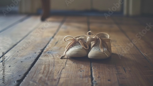 Shoes of a baby girl on a wooden floor photo