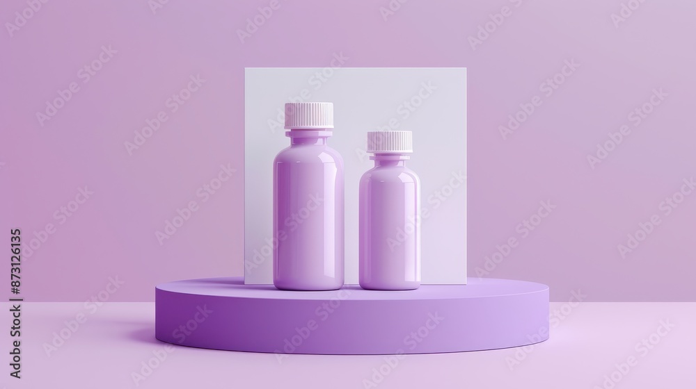 Light purple round base platform with two plastic pill bottles on top, white box on top, clean and minimalistic, illustration background Light purple round base platform with two plastic pill bottles on top, white box on top, clean and minimalistic, illustration background