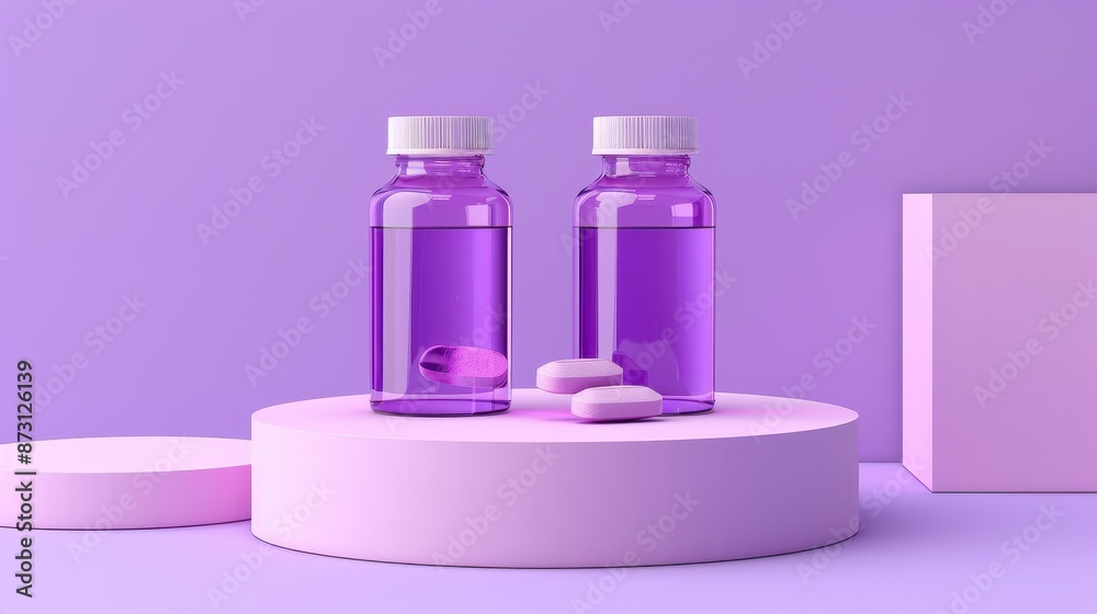 Light purple round base platform with two plastic pill bottles on top, white box on top, clean and minimalistic, illustration background Light purple round base platform with two plastic pill bottles on top, white box on top, clean and minimalistic, illustration background