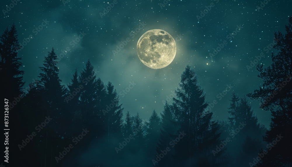 During the night, the atmosphere is illuminated by a full moon rising over a forest, creating a serene and mystical sky above the natural landscape During the night, the atmosphere is illuminated by a full moon rising over a forest, creating a serene and mystical sky above the natural landscape