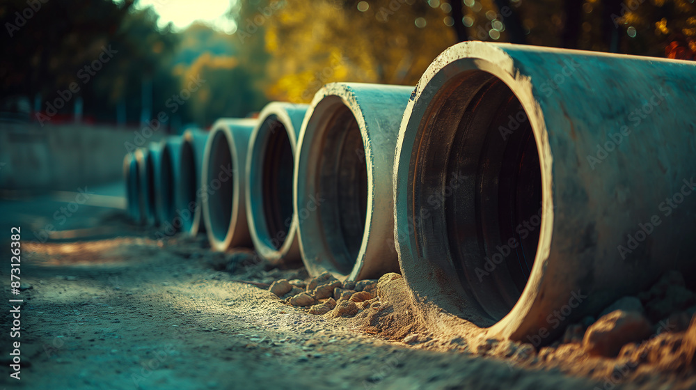 concrete pipes for water and sewerage system construction on the road concrete pipes for water and sewerage system construction on the road